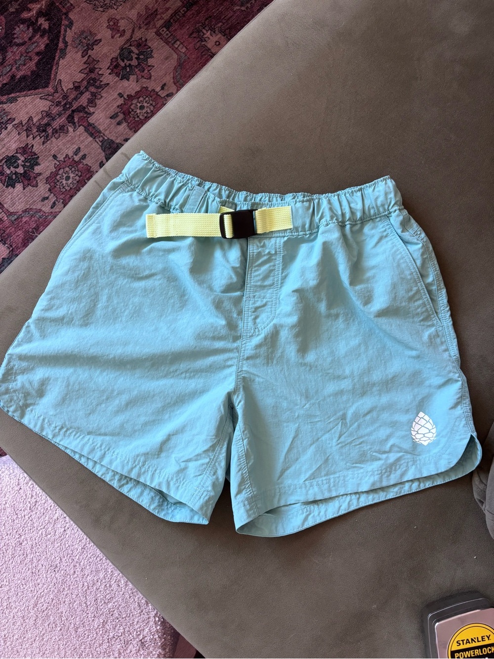 Stio- Light Blue Women’s Elastic-Waist Shorts with Yellow Webbing Belt
